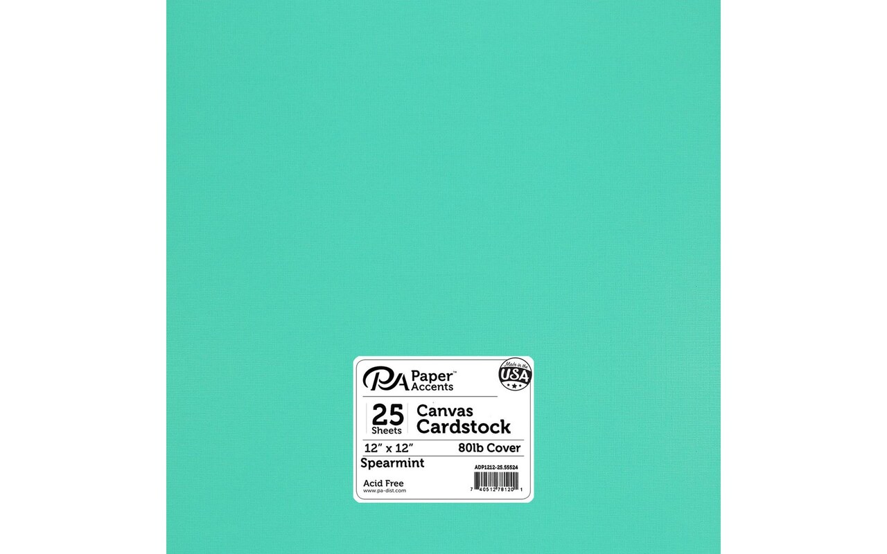 PA Paper Accents Canvas Cardstock 12" x 12" Spearmint, 80lb colored cardstock paper for card making, scrapbooking, printing, quilling and crafts, 25 piece pack